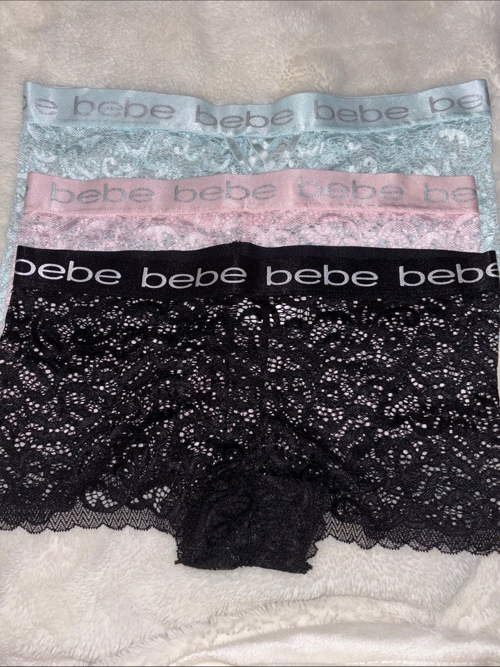 bebe Lace Boyshort Trio in Black, Pink & Light Blue NEW WITHOUT TAGS